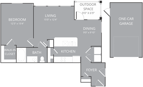 Floor plan for 1 bed, 1 bath, 823 sqft
